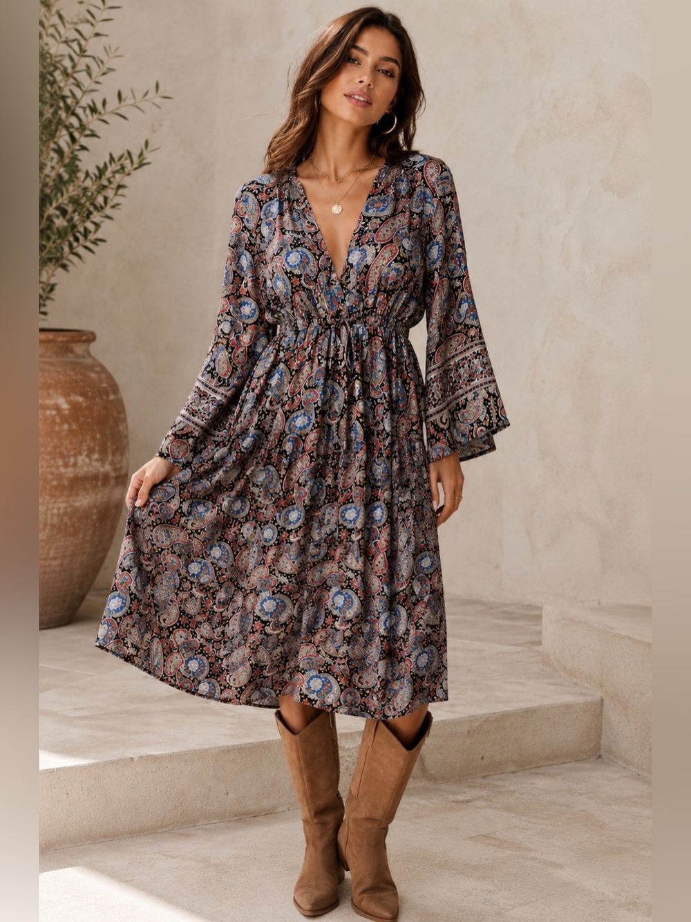 KMA Paisley V-Neck Midi Dress